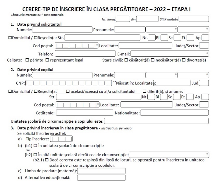 cerere tip inscriere clasa pregatitoare